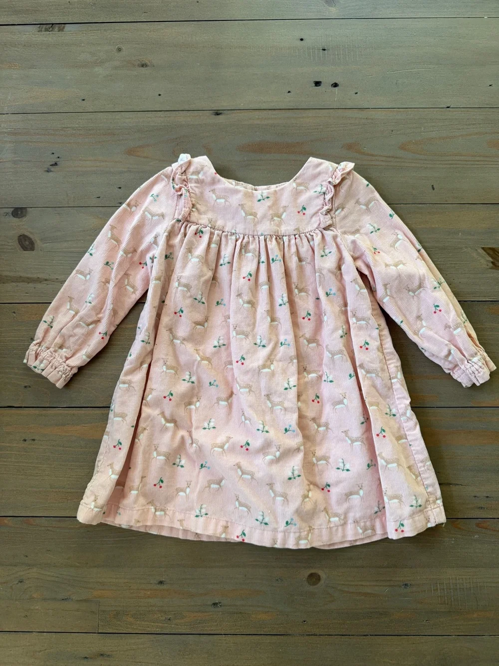 Mini Boden Reindeer Pink Floral Corduroy Long-Sleeve Dress - 12-18 Months